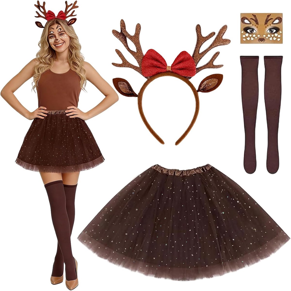 Hertenkostuum voor dames, rendier, haarband en tule rok, tijdelijke tatoeages, sokken, kerstkostuum, hertenkostuum, dierenkostuum, volwassenen, voor Halloween, Kerstmis, cosplay