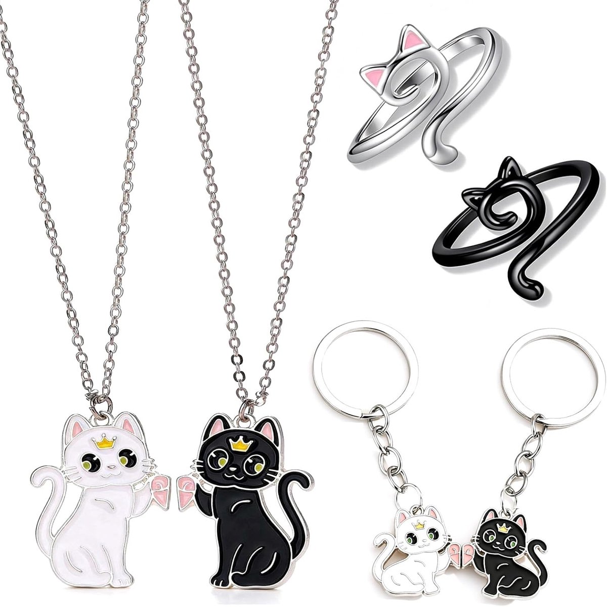 6 Stuk Katten Sieradenset Magnetische Vriendschapsketting Ketting Ring Katten Sleutelhanger Beste Vrienden Ketting Kindersieraden Meisjes Accessoires