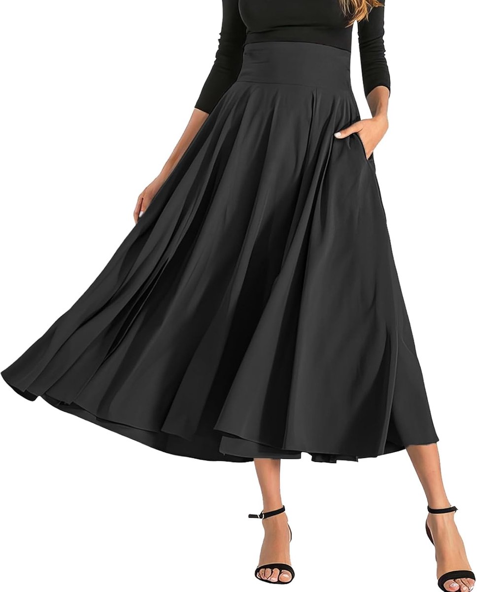 Plooirok voor dames, lange rok met hoge taille met strikplooien en split, eenvoudige retro rok, vloeiende zijden trapeziumrok