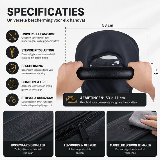 BukkitBow - Kinderwagen Handvat Hoes - Kunstleer - Met Rits - Universeel - Beschermhoes voor Buggy & Kinderwagen - Zwart van BukkitBow — afbeelding 5