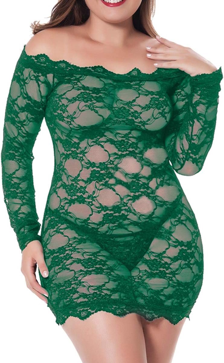 Kanten negligé grote maten voor dames babydoll lingerie schouderloze lingerie nachtkleding kanten jurk met G-string S-4XL