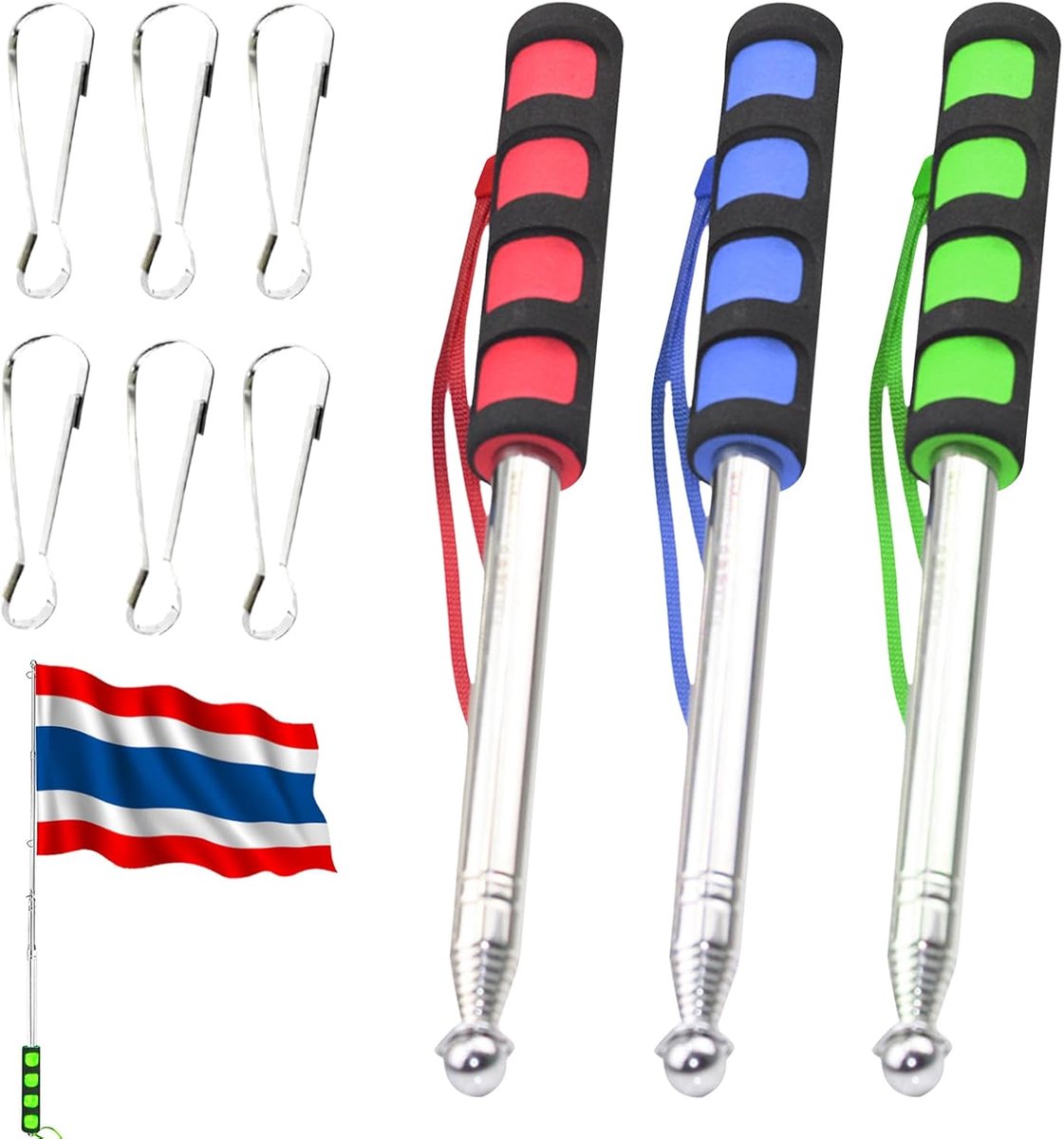 Vlaggenmast, 3 stuks, 2 meter, handheld telescopische vlaggenmast, 3 kleuren roestvrij staal, uittrekbaar, vlaggenstang en 6 stuks vlaggenmast cliphaken, voor leraren, reisladder