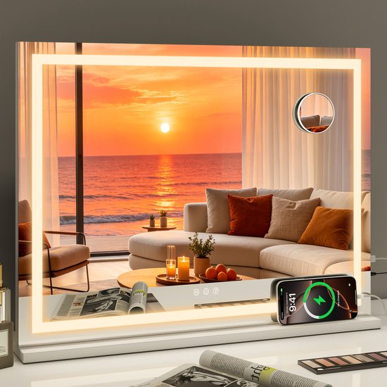 Hollywood spiegel met LED-verlichting, smart touch bediening, USB-poort en 10x vergroting. Dimbare verlichting in 3 standen.