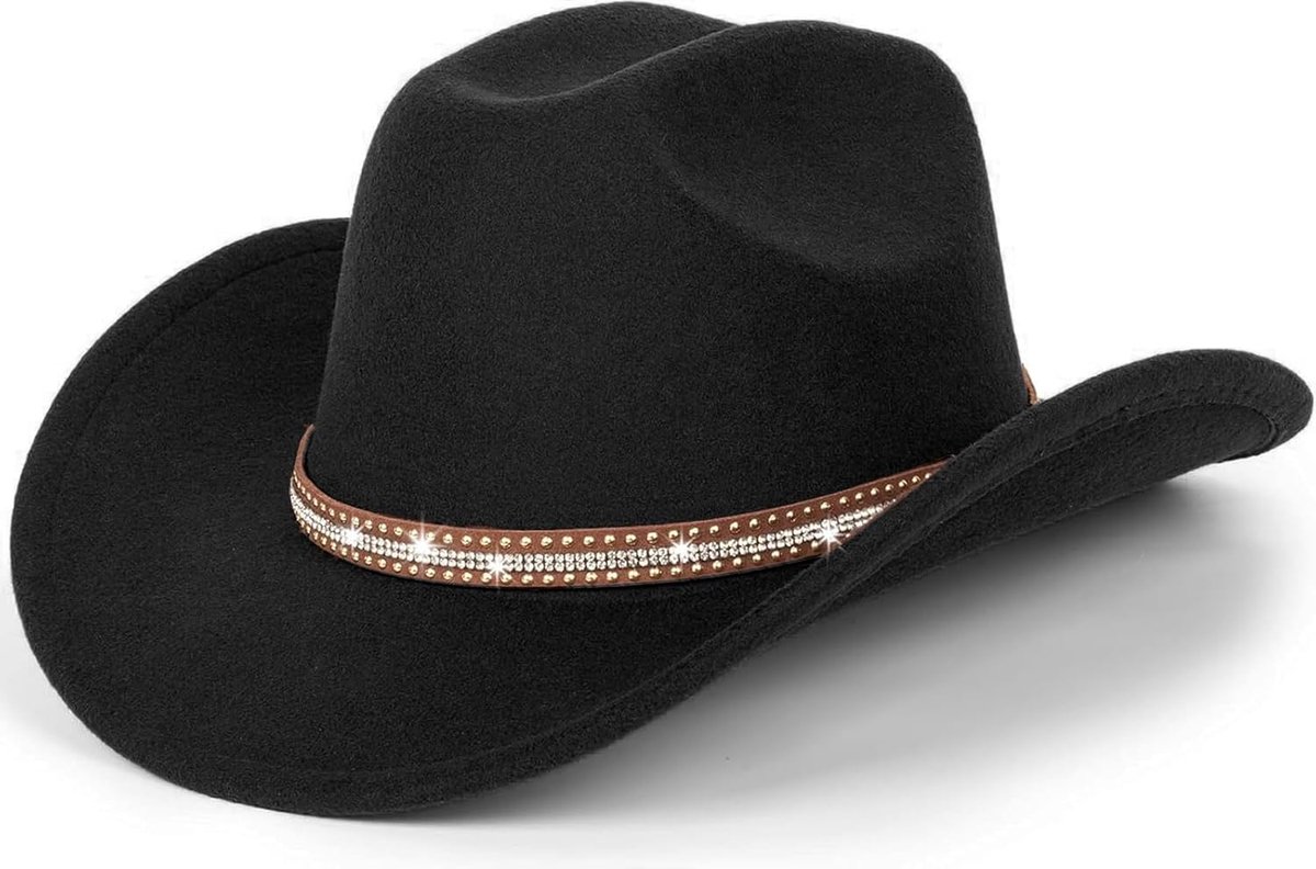 Westerse cowboy-hoed dames brede rand cowgirl-hoeden vilt fedora hoed met glanzende band