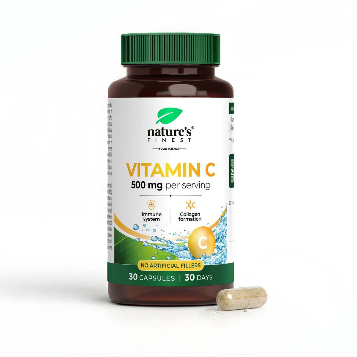 Nature's Finest Vitamine C 500 mg - Voedingssupplement 30 Capsules - met Rozenbottel - 625% Referentie-inname - Draagt bij aan de Normale Werking van het Immuunsysteem - Vegan HPMC Capsules