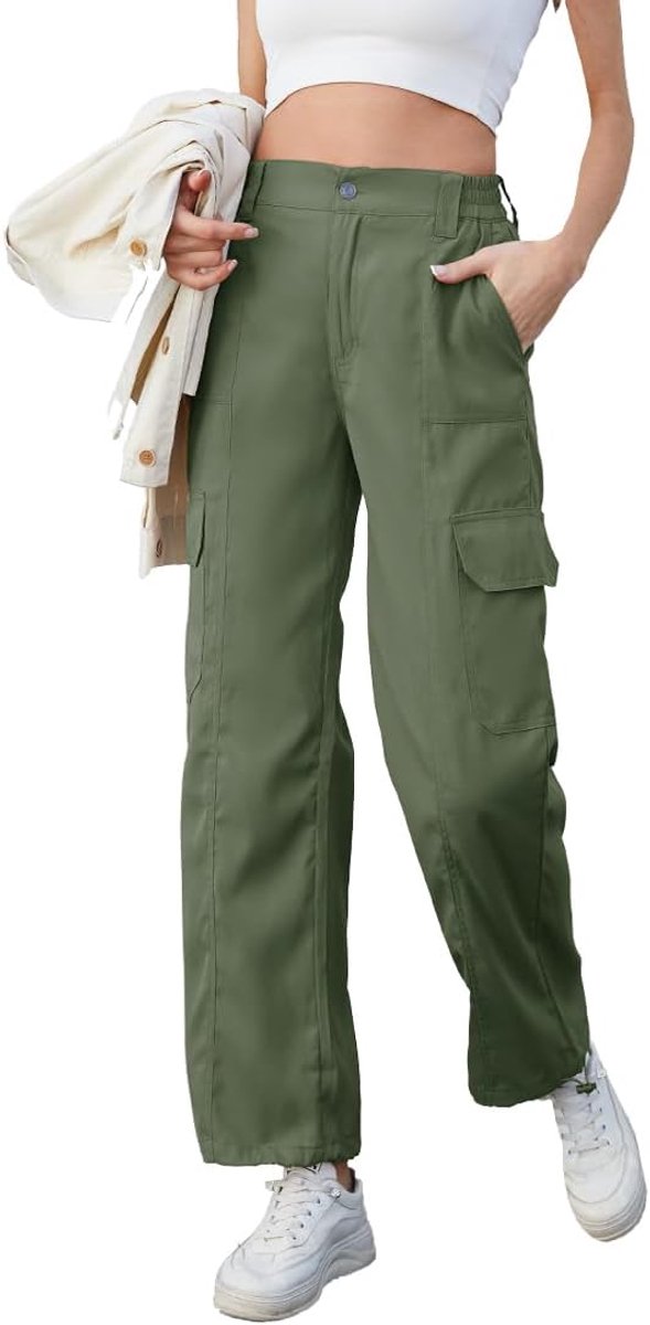 Cargobroek voor dames, hoge taille, brede pijpen, broek met meerdere zakken, baggy stretch, cargo broek, wandelbroek