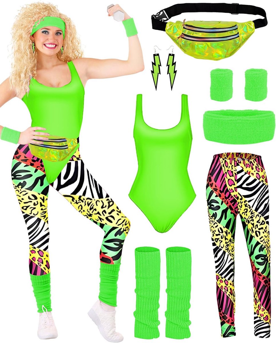 80 outfit voor dames, retro trainingspak, kostuum jaren 80 en 90 kleding, kostuumaccessoires, kleding, tricot, leggings, hoofdband, armbanden, beenwarmers, oorbellen, riemtas