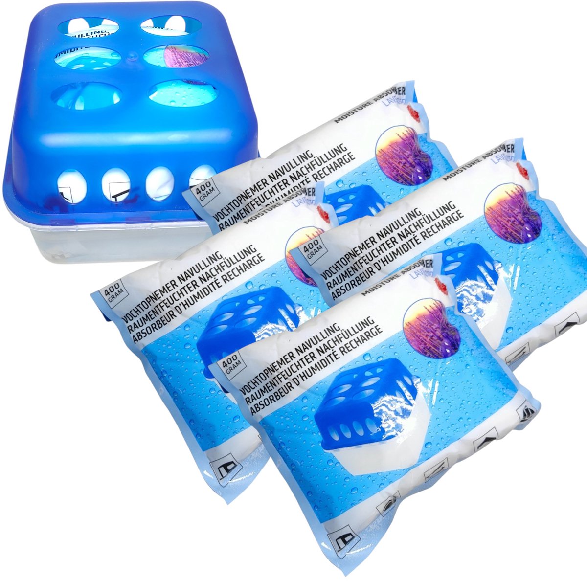 Vochtopnemer Houder met 4x Navulling Lavendel 400gram vochtvreter