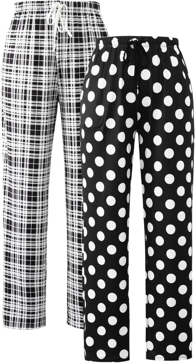 Pyjamabroek voor dames, lange geruite pyjamabroek, stretch, vrijetijdsbroek, zachte slaapbroek met zakken, verpakking van 2 stuks