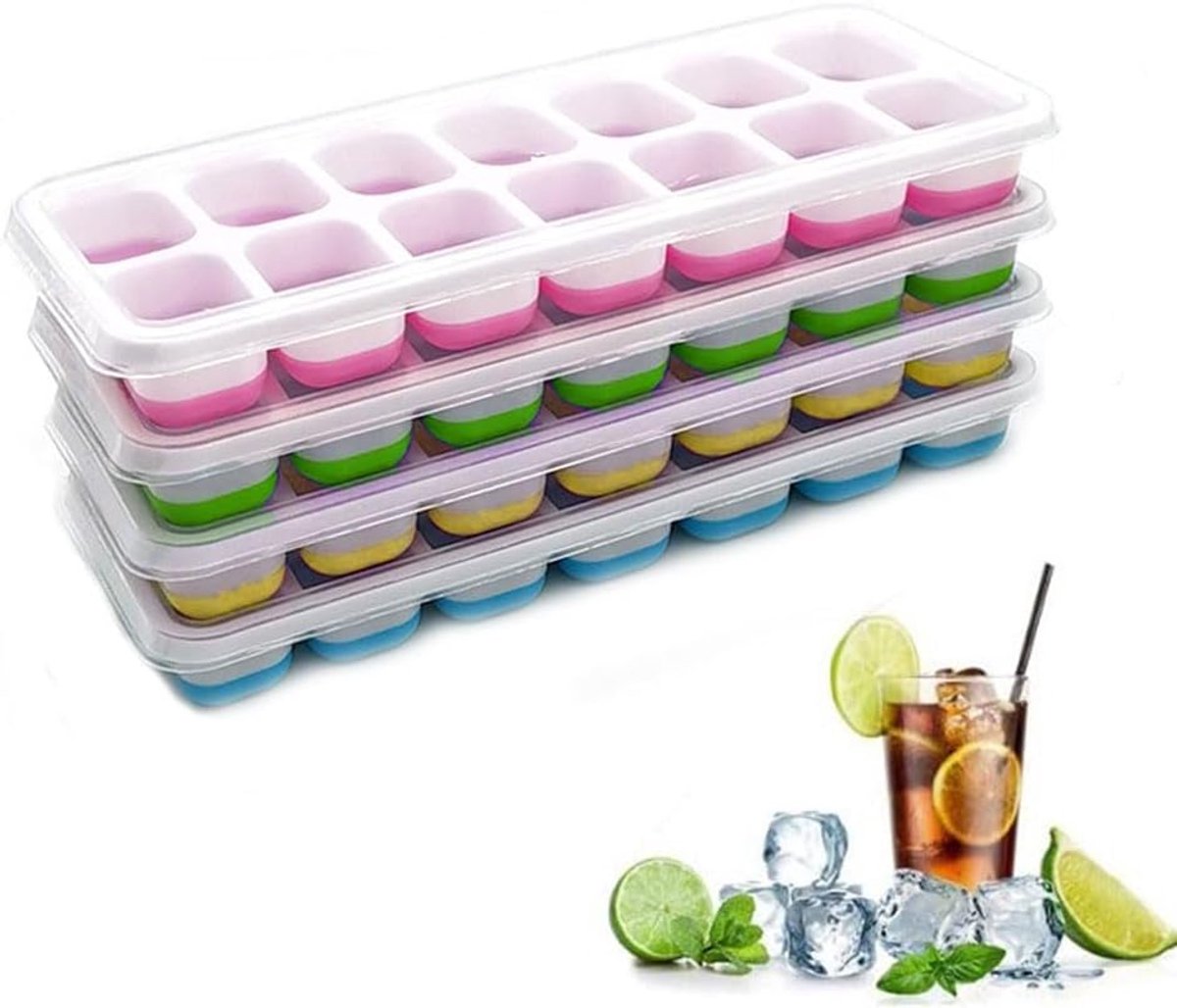 4 stuks, Easy-Release 48 stuks ijsblokjesmaker met morsbestendig afneembaar deksel, stapelbare flexibele siliconen ijsbakken met hoezen voor vriezer, cocktail, voedsel, chocolade,