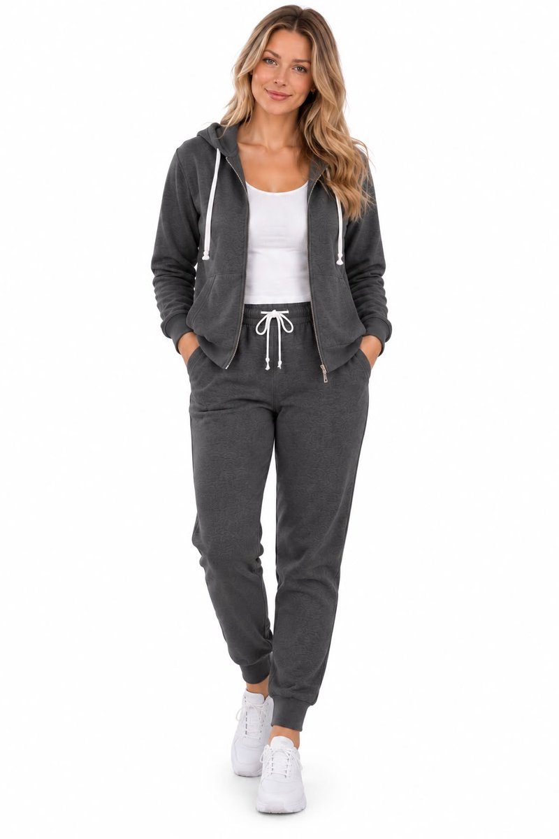 Dames Pluchtige Fleece Lounge Set-Dames-Hoodie met capuchon-Rits-Joggingpak-Huispak-M/L (38/40)NGHP-W26002 Donker Grijs