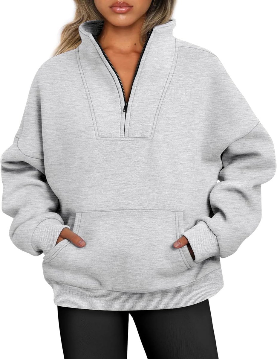 Damestrui met halve rits, met fleece gevoerd, herfst, ritssluiting, opstaande kraag, oversized sweatshirt zonder capuchon