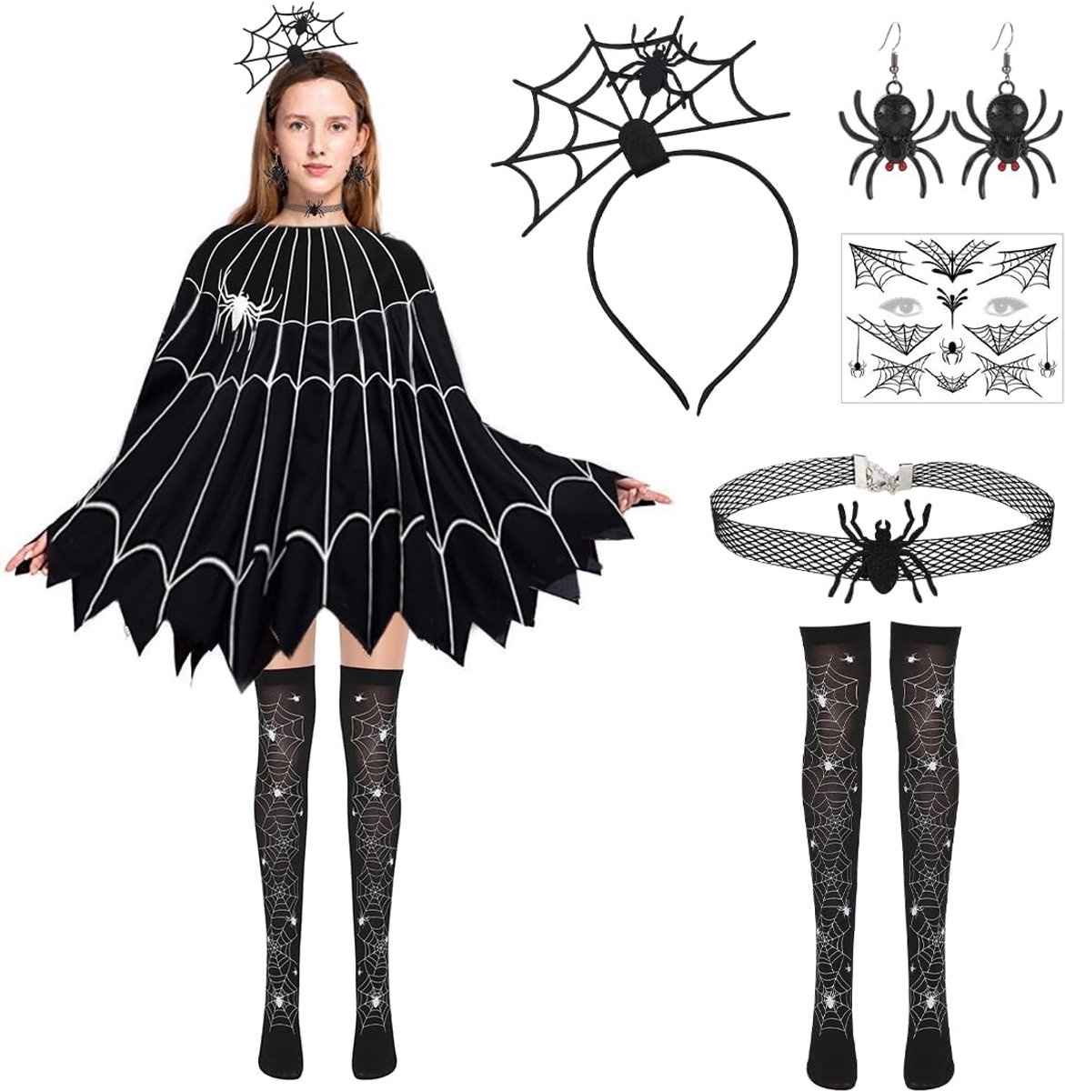 Kostuum spinnenweb dames, 6 stuks spinnenweb-accessoires voor volwassenen, spinnenweb-kostuum voor dames poncho Halloween party, spinnenweb hoofdbedekking, spinnenweb panty dames voor