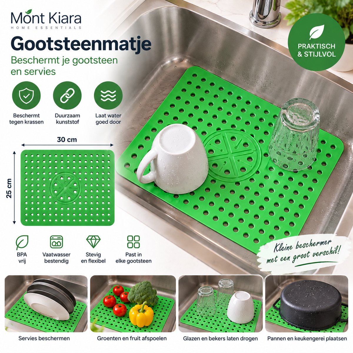 Mont Kiara Gootsteenmat Groen 30x25 cm – Antislip Kunststof Spoelbakmat – Bescherming voor Gootsteen, Servies en Glazen