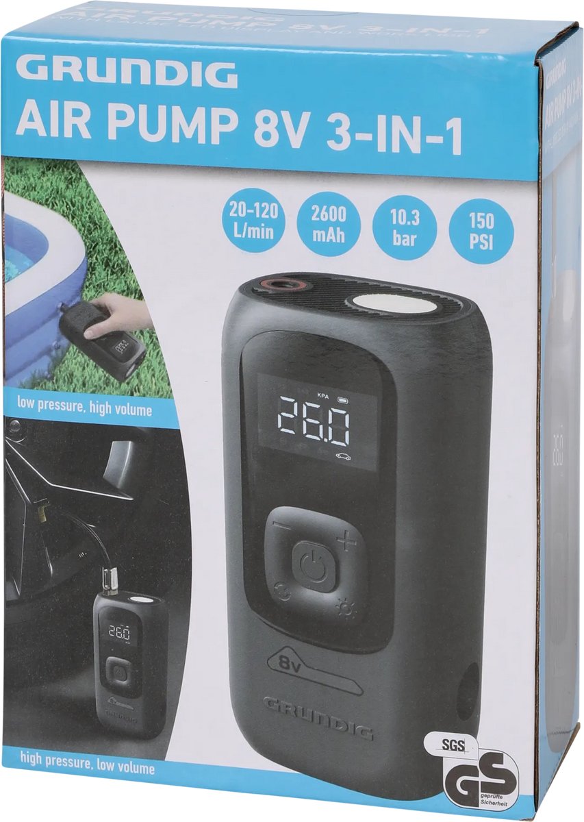 Grundig 3-in-1 Draadloze Luchtpomp & Compressor – 10.3 Bar – Krachtige 2600 mAh Accu – Digitaal Display – Automatische Stop – Inclusief 6 Opzetstukken