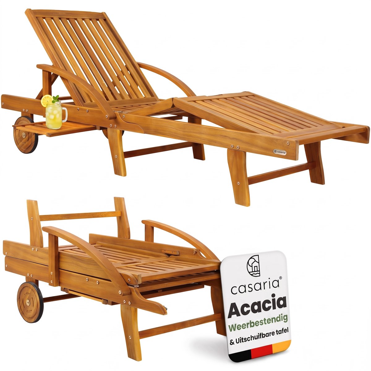 Bol.com Casaria Acaciahout Ligbed – met Wielen & Verstelbare Tafel – Bruin aanbieding