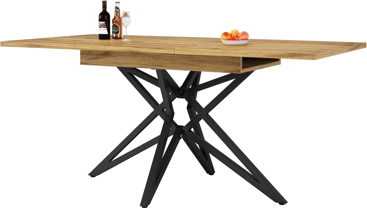Merax Uitschuifbare eettafel 120-160x80 cm - keukentafel - ontbijttafel - tafel met sterrenpoten - zwarte poten - notenhouten tafelblad Walnotekleur