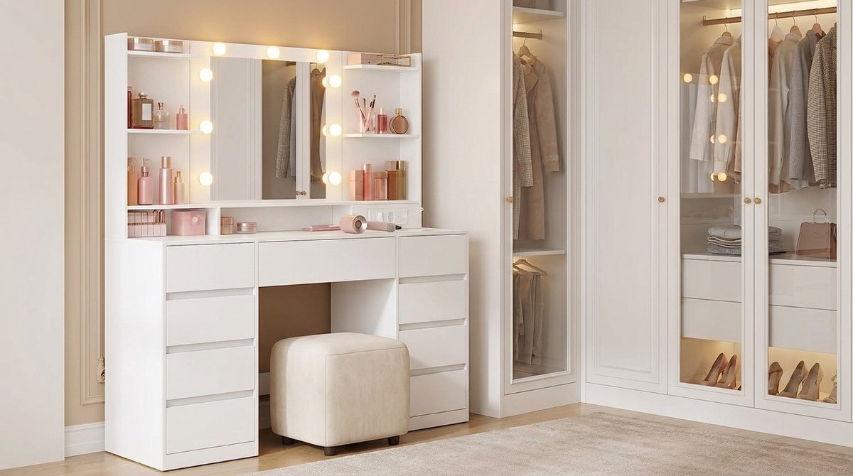 Make-uptafel met Spiegel en LED Verlichting – Medahomestore Luxe Kaptafel met 9 Laden, Vergrotende Spiegel, 3 Lichtkleuren en Stekkerdoos – Wolkenwit