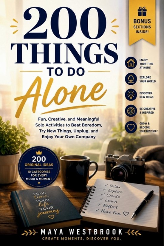 Livre '200 Things to Do Alone' avec des illustrations d'un livre, d'une tasse à café et d'un appareil photo sur une table en bois.