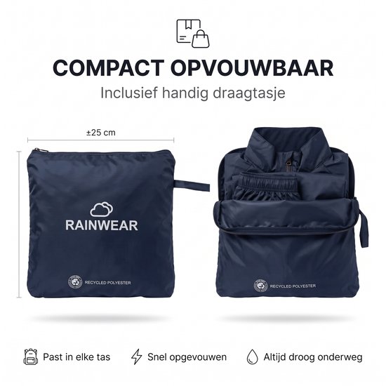 Donkerblauw opvouwbaar regenpak in draagtasje van gerecycled polyester.
