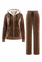 Huispak Dames Fleece - Hoodie en Straight leg broek - Teddy Capuchon - Taupe Velvet - Maat 40/42