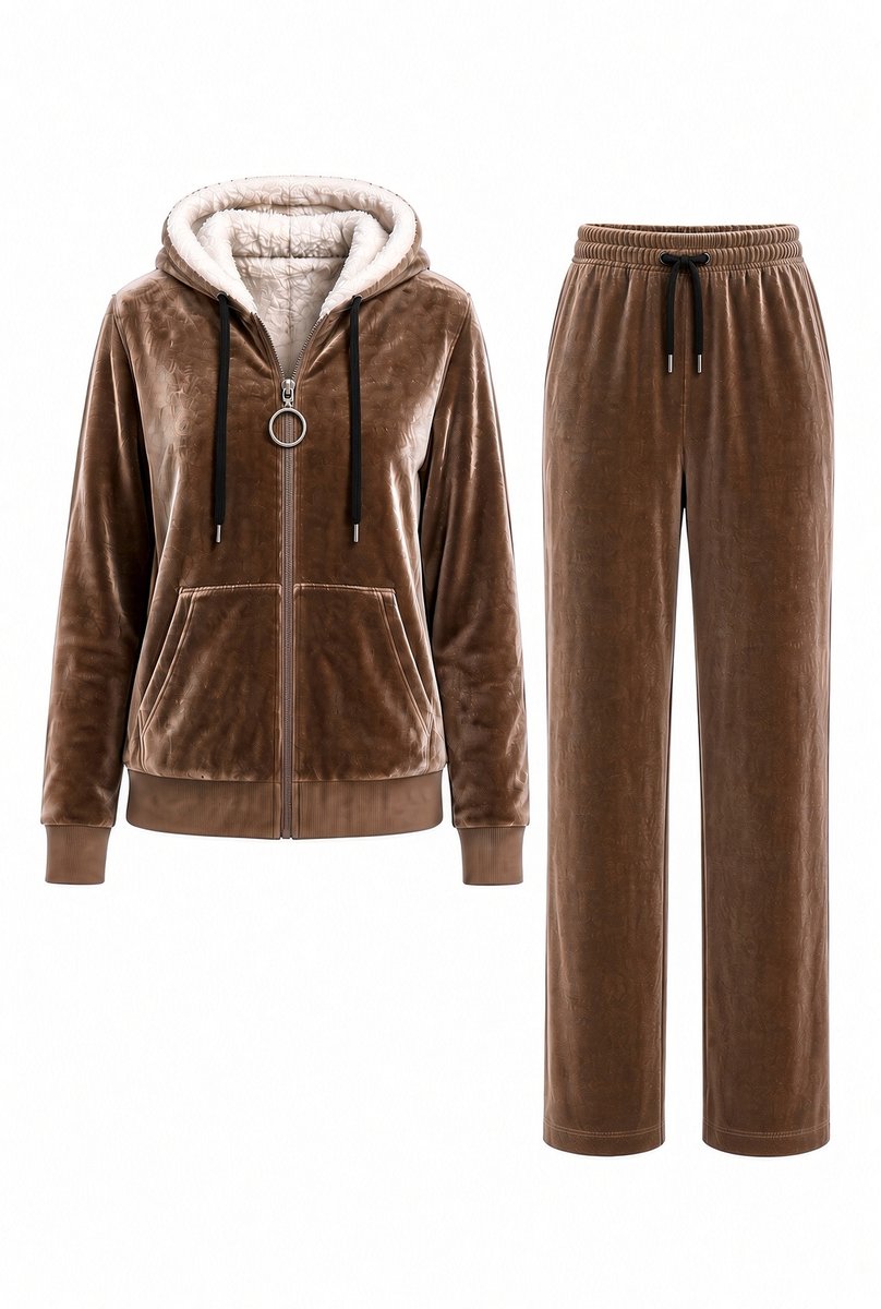 Huispak Dames Fleece - Hoodie en Straight leg broek - Teddy Capuchon - Taupe Velvet - Maat 40/42