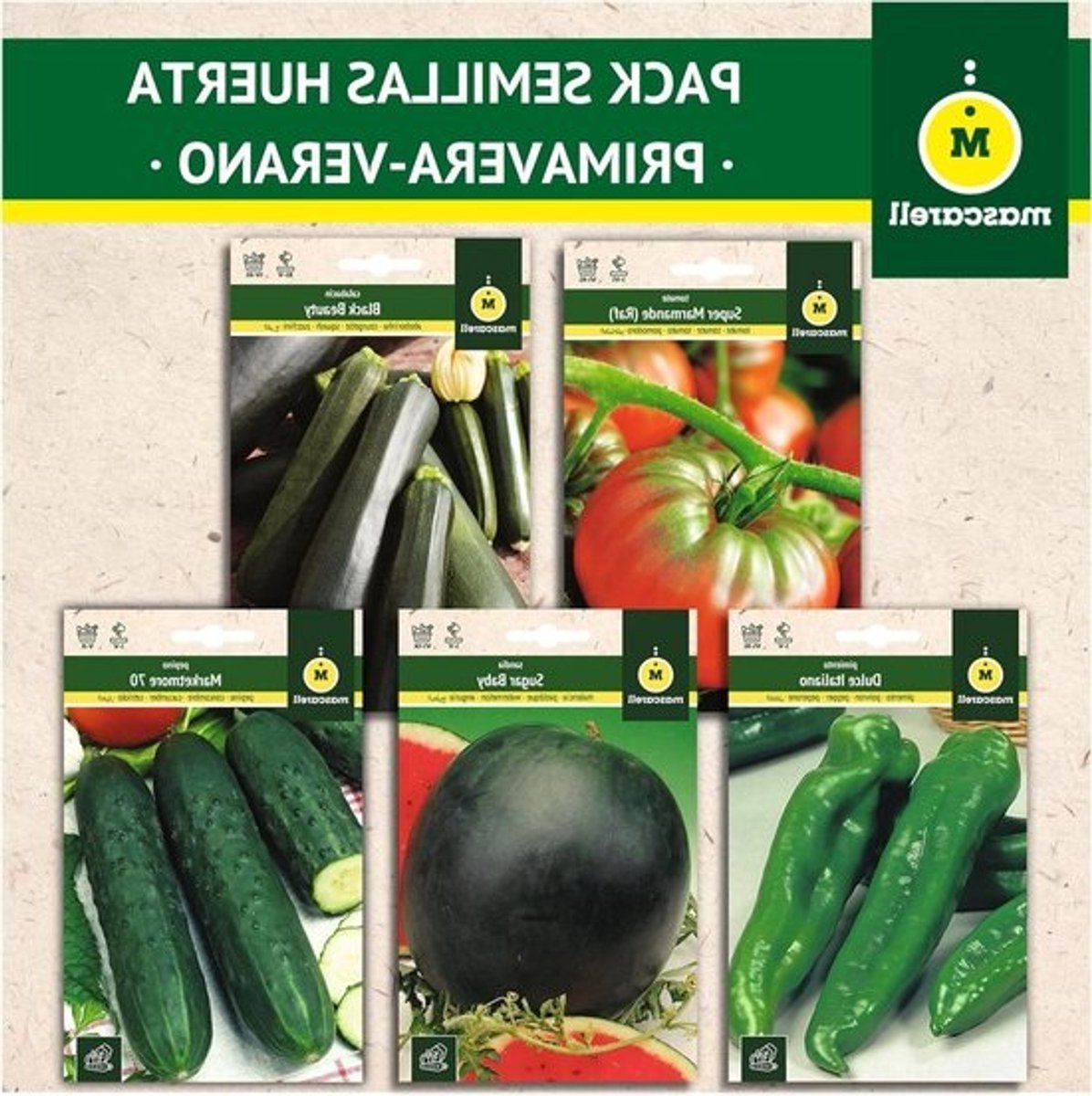 Zaden Mascarell PAKKET: Moestuin Zaden Lente-Zomer - Tomaat, Courgette, Paprika, Watermeloen, Komkommer 50 Gram