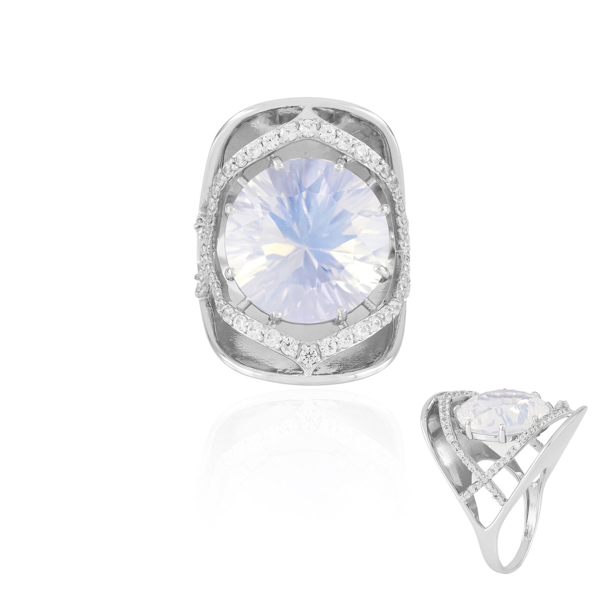 Cavill - Maanblauwe Kwarts Ring 11,96 ct - 925 Sterling Zilver Gerhodineerd - Zirkonia Pavé - Rond Concave - Elegante Damesring