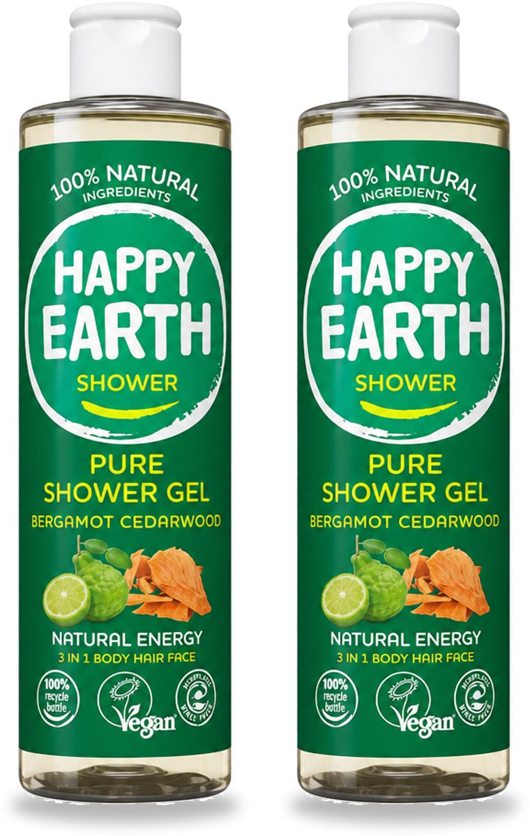 2 x Happy Earth – Douchegel – 100% Natuurlijk Bergamot Cedarwood – 300 ml - Voordeelverpakking - 2 stuks
