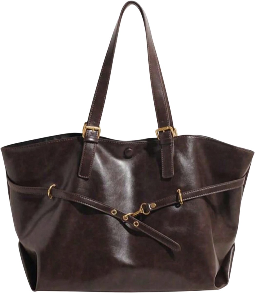 Retro PU Schoudertas met Ruffles – Ruime Dames Handtas & Rugzak - Koffiebruin