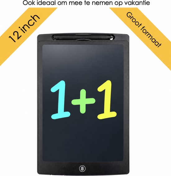 Zwart 12-inch Afecto tekentablet met de tekst '1+1' in het cyaan, groen en geel. Groot formaat, ideaal voor vakantie.