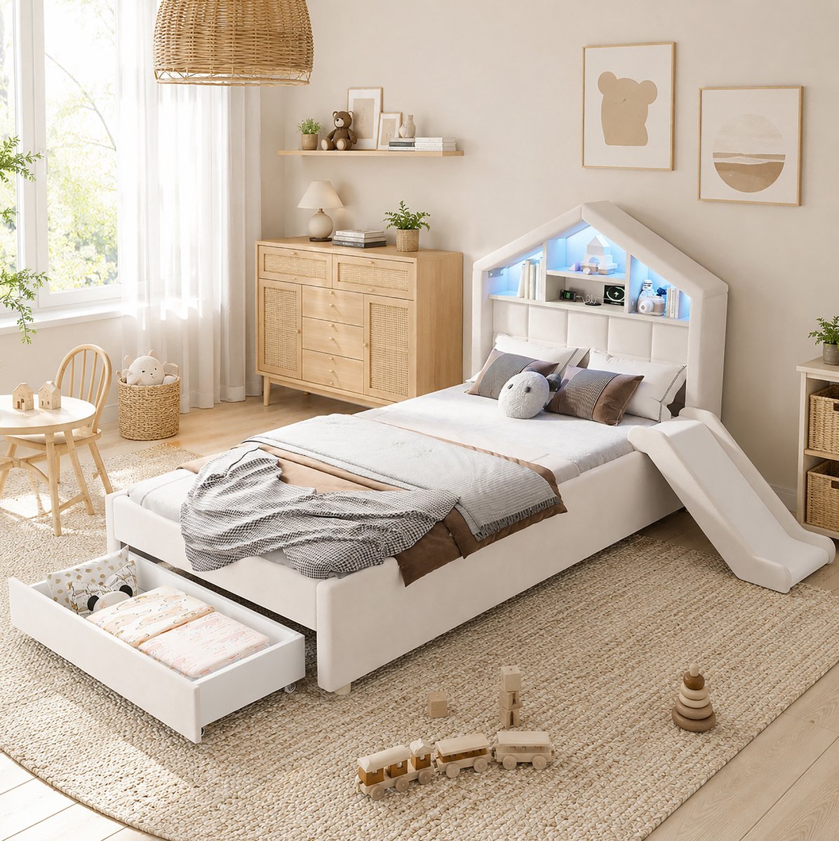 MODENUIT Kinderbed – 90 x 200 cm – Glijbaan Links Of Rechts – Stof – Beige – Ledverlichting En Bedlade