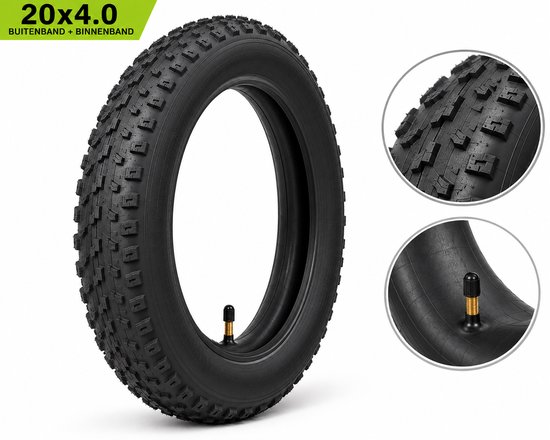 Zwarte fatbike band met grof profiel, maat 20x4.0, inclusief binnenband.