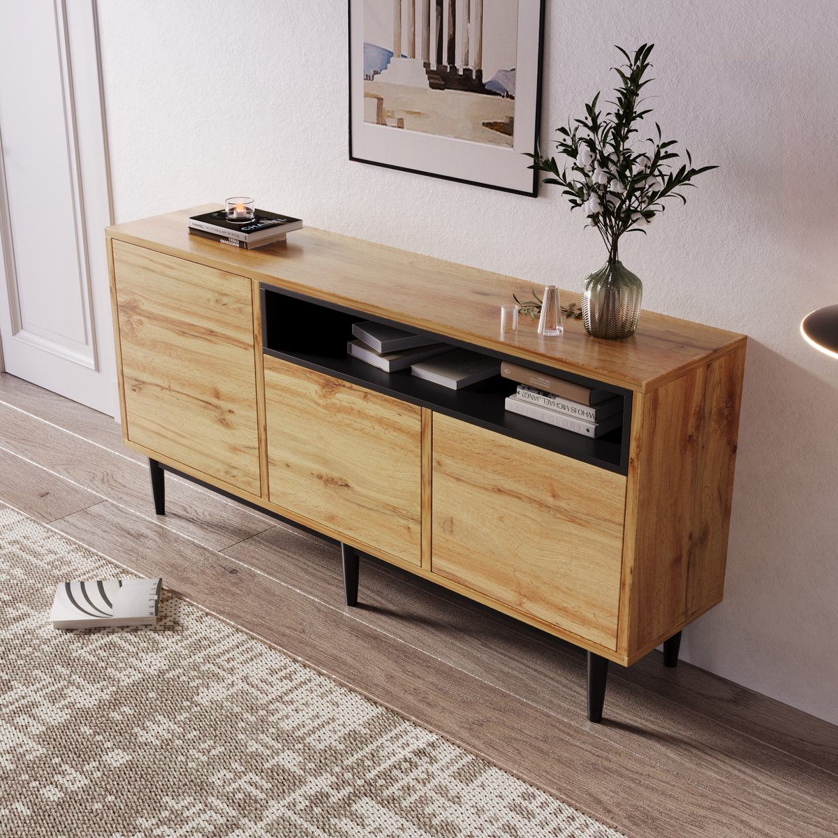 MEUNIQ Dressoir 160 x 35 x 76 cm met 3 deuren, open vakken en verstelbare planken - opbergkast voor woonkamer - naturel houtlook Natuurlijke houtkleur