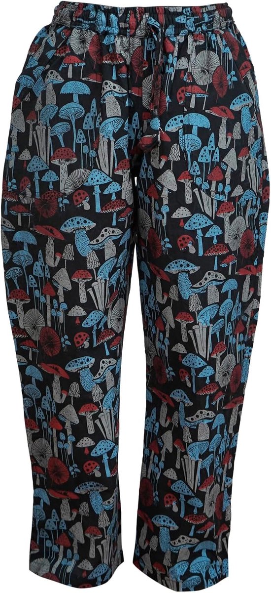Damesbroek, paddestoelprint, hippie, harembroek, yoga, boho pyjama