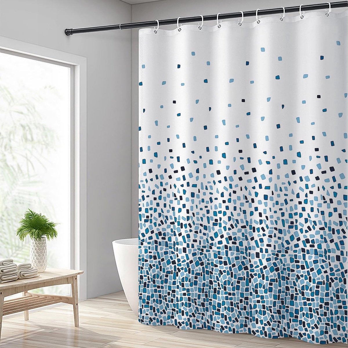 Douchegordijn, 180 x 200 cm, waterdicht douchegordijn, polyester, wasbaar, met 12 ringen, verzwaarde zoom, blauw mozaïek