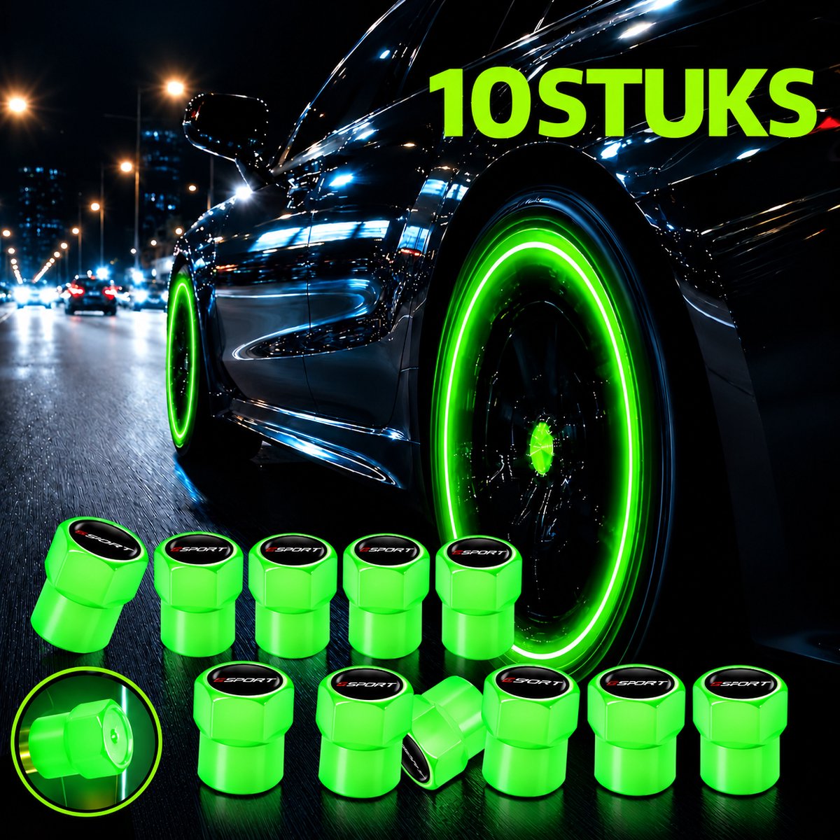 Lichtgevende ventieldoppen voor auto, Groen, 10 stuks glow in the dark luchtkappen, verlichte corrosiebestendige bandenspanningsdoppen, universeel voor auto, vrachtwagen, SUV, motorfietsen, fiets