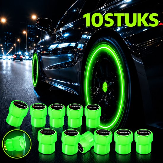 Tien groene, lichtgevende ventieldoppen voor een auto, met neonlicht rond de velg.