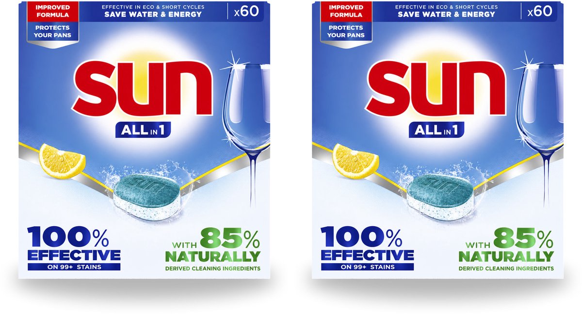 2 x Sun - Vaatwastabletten - All-in-1 Citroen - 60 tabletten - Voordeelverpakking - 2 stuks