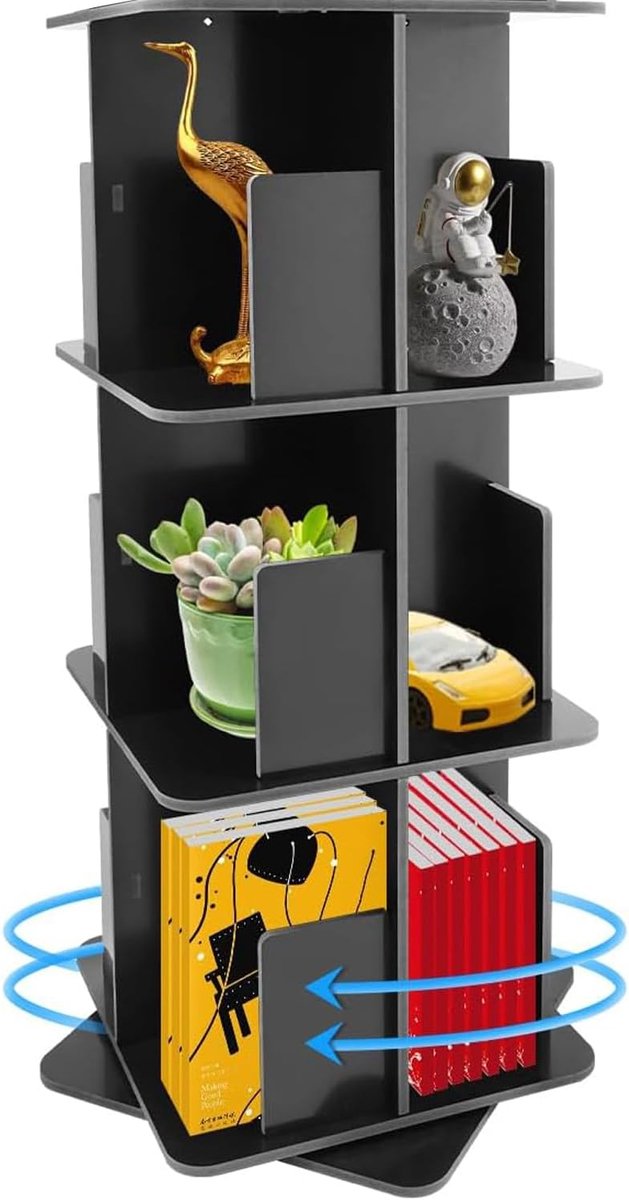 3-traps Draaibare Boekenkast, 360 Graden Display, Staande Opbergplank, Zwart Metaal, Kleine Hoek, Spinning Organizer