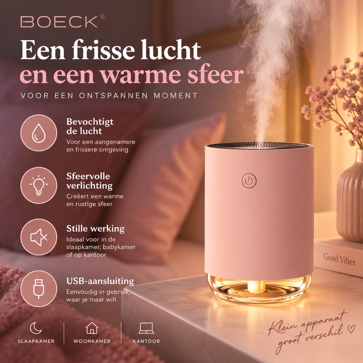 BOECK Luchtbevochtiger met Sfeerlamp – Ultrasone Mini Humidifier – Stille Cool Mist – USB – Nachtlamp voor Slaapkamer & Kantoor – Roze — cadeau in Wonen & Interieur - foto 3