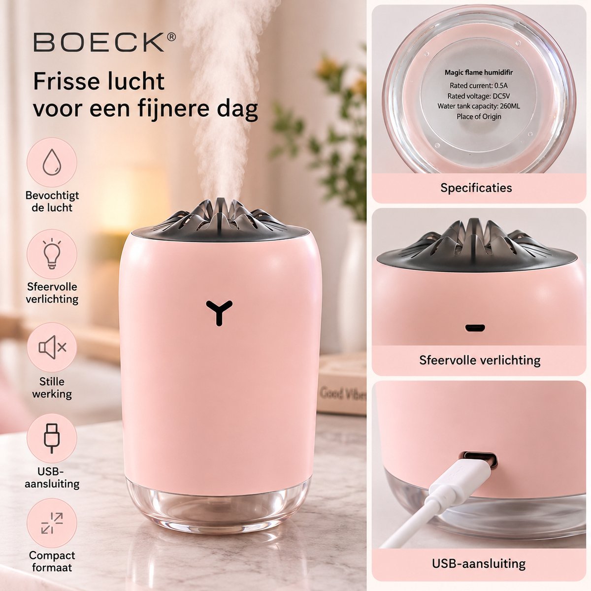 BOECK Luchtbevochtiger met Sfeerlamp – Ultrasone Mini Humidifier – Stille Cool Mist – USB – Nachtlamp voor Slaapkamer & Kantoor – Roze — cadeau in Wonen & Interieur - foto 2