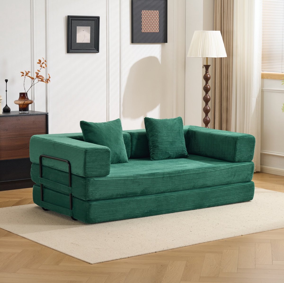 STILVORA Slaapbank 185 x 92,5 x 60 cm - 2-Zits Opvouwbare Vloersofa - Bankbed Met Kussens - Woonkamer En Slaapkamer - Ribstof Donkergroen