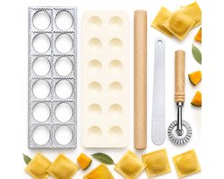 Raviolimaker set 4-delig - Aluminium raviolivorm met 12 vakken - Met deegroller, vulspatel en gekarteld snijwiel - Voor verse vierkante pasta