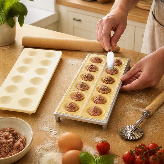 Ravioli maker set 4-delig - Aluminium raviolivorm met 12 vakken - Met deegroller, vulspatel en gekarteld snijwiel - Voor verse vierkante pasta van AIMASON — afbeelding 5