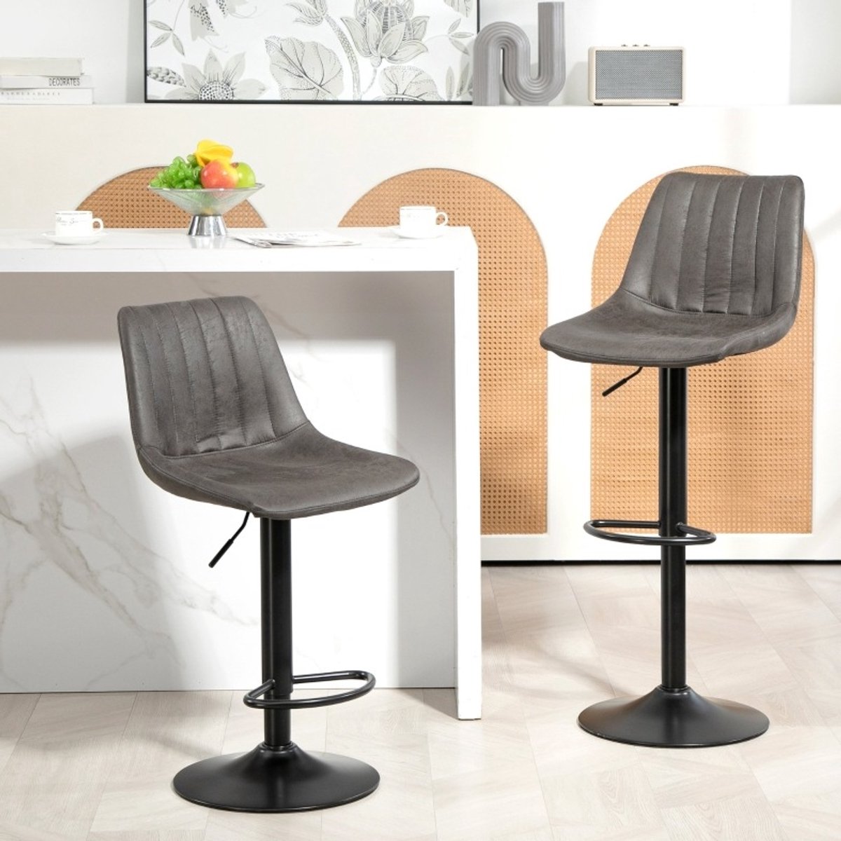 REDOM Barkruk - Set van 2 - In hoogte verstelbaar - Met voetsteunen - Hoge rugleuning - Retrodesign - Microvezelstof - Metalen onderstel - Donkergrijs - 43 x 46,5 x 89 tot 110 cm