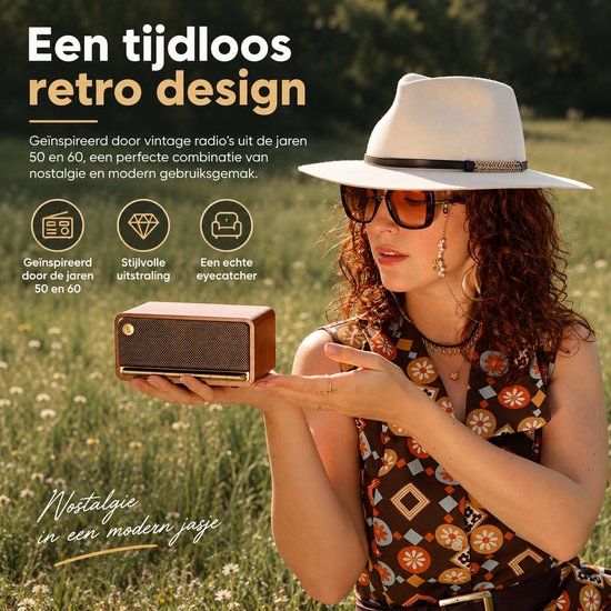 DPLUNIQ Speaker - Box - Speakers - Luidspreker - Bluetooth 5.0 - Vintage - 16,4x8,4x10,8cm - 2500mAh - 20W - Hout - Bruin — afbeelding 3