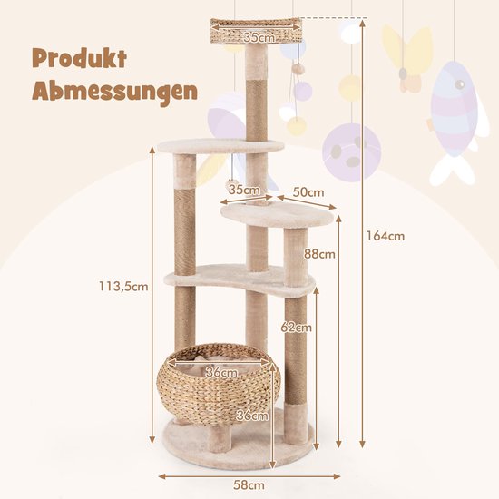 Afmetingen van een beige kattenboom met sisaltouw en platforms, 164 cm hoog.