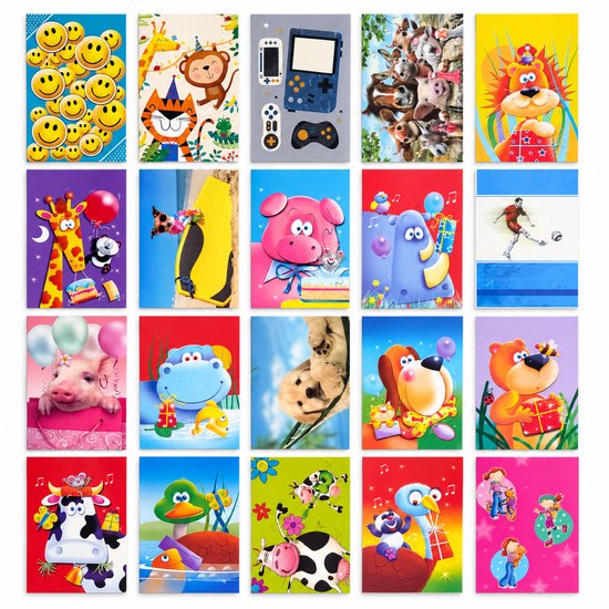 Een collage van twintig wenskaarten met diverse kinderlijke thema's: lachende gezichtjes, dieren, spelcomputer, puppy's, varkentje, nijlpaard, hond, beer en koe.