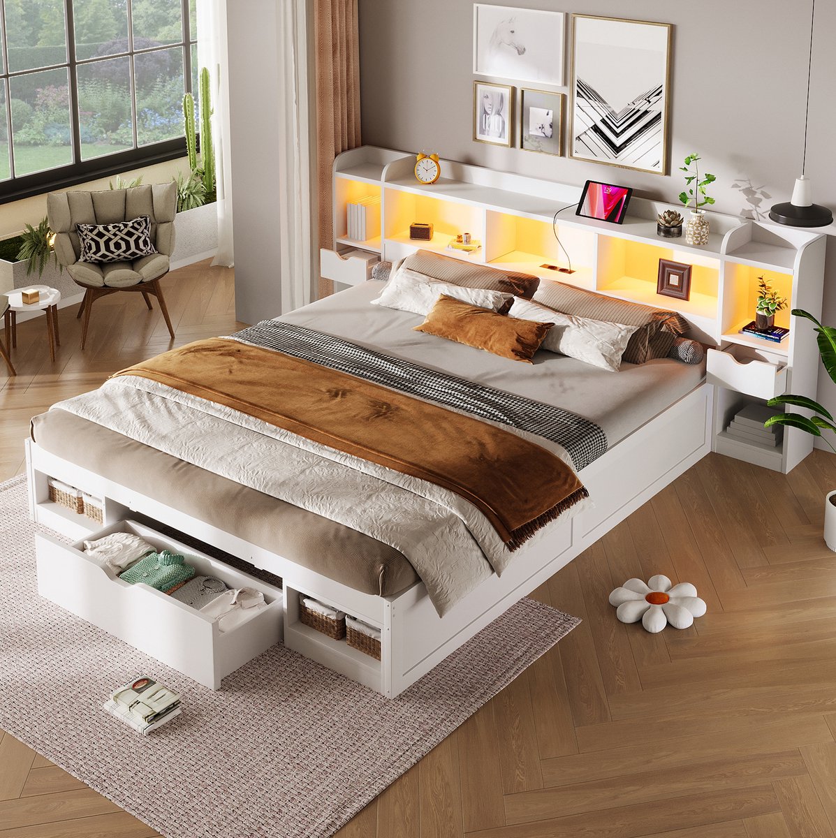 Bedframe – Opbergruimte en Ledverlichting – 180 x 200 cm – MDF – Wit – USB-aansluiting – Platformbed met Lades